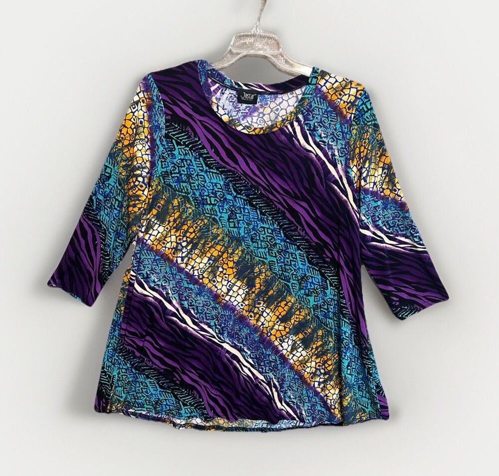 Jostar Tunic Blouse Animal Abstract Women's  XL Slinky Knit Purple Fab w Black!